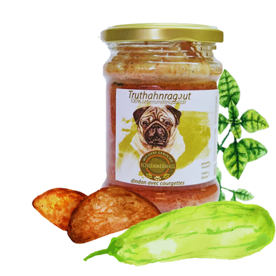 Glas mit goldfarbenem Deckel, Etikett zeigt Mops und Text 'Truthahnragut 100% Lebensmittelqualität', daneben zwei Kartoffeln, eine Gurke und grüne Blätter.