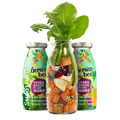 Zwei Flaschen SmoothieDog Trinkpause mit Gemüsebeet, davor Glasflasche mit geschnittenem, Gemüse und Kräutern.