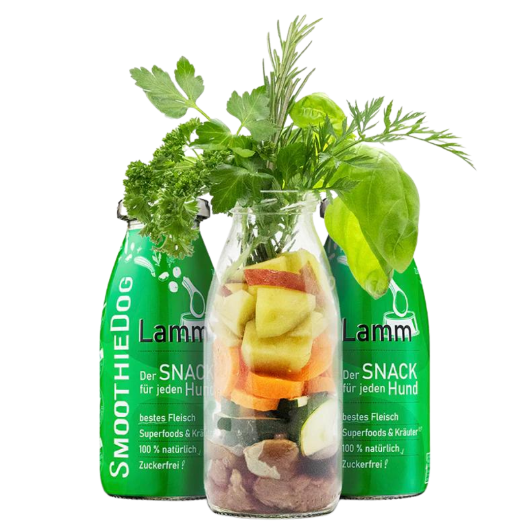 Zwei Flaschen SmoothieDog Trinkpause mit Lamm, Obst und Gemüse, davor Glasflasche mit geschnittenem Obst, Gemüse, Apfel und Rosmarinzweig.