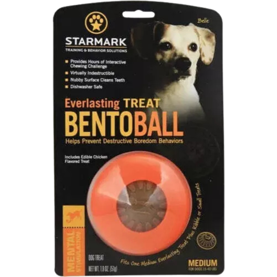 Verpackung des Starmark Everlasting Treat Bento Ball, orangefarbener Hundespielzeugball mit Loch in der Mitte, für mittlere Hunde, mit essbarem Hähnchengeschmack.