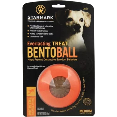 Verpackung des Starmark Everlasting Treat Bento Ball, orangefarbener Hundespielzeugball mit Loch in der Mitte, für mittlere Hunde, mit essbarem Hähnchengeschmack.