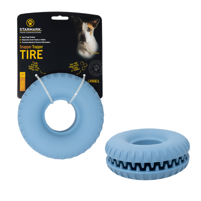 Verpackung des Starmark Everlasting Treat Tire, in blau, Hundespielzeug mit Loch in der Mitte, für große Hunde.