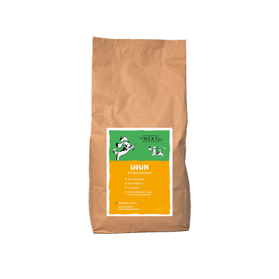 Großer brauner Futtersack von The Next Best mit der Sorte Huhn und Süßkartoffel. Hochwertiges Hundefutter mit hohem Fleischanteil, ohne Getreide, künstliche Farb-, Aroma- und Konservierungsstoffe.
