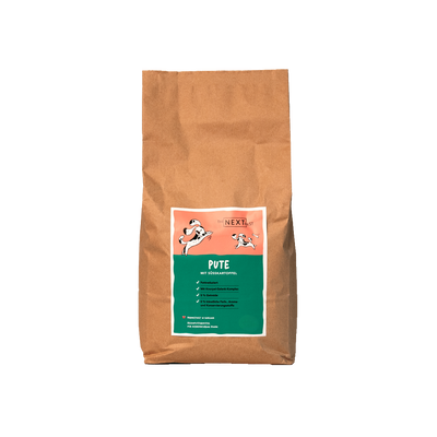 Großer brauner Futtersack von The Next Best mit der Sorte Pute und Süßkartoffel. Hochwertiges Hundefutter mit hohem Fleischanteil, ohne Getreide, künstliche Farb-, Aroma- und Konservierungsstoffe.