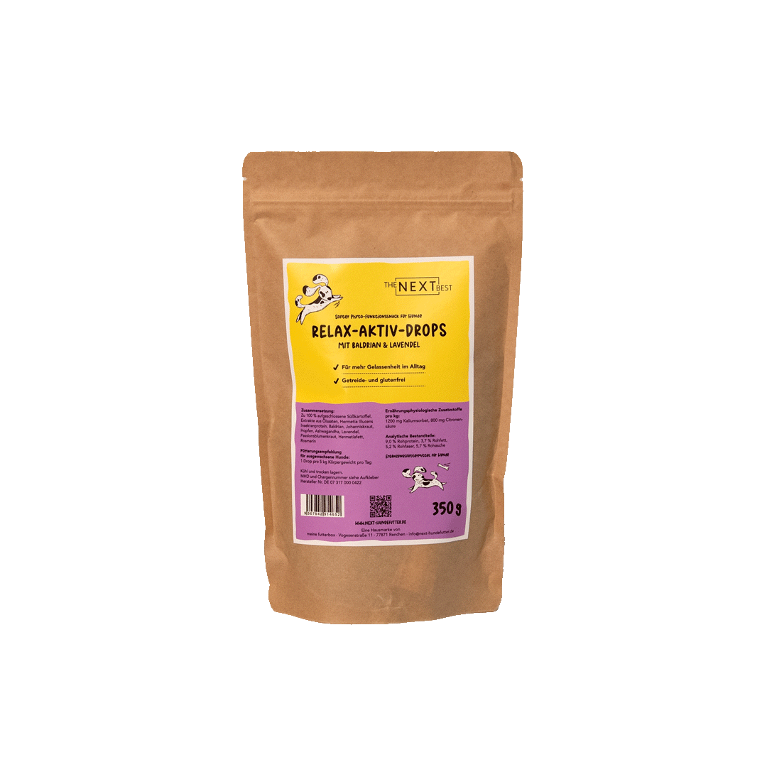 Beutel The Next Best Relax-Aktiv-Drops mit Baldrian und Lavendel, 350 g. Getreidefreie Hundeleckerlis zur Unterstützung von Ruhe und Gelassenheit im Alltag.