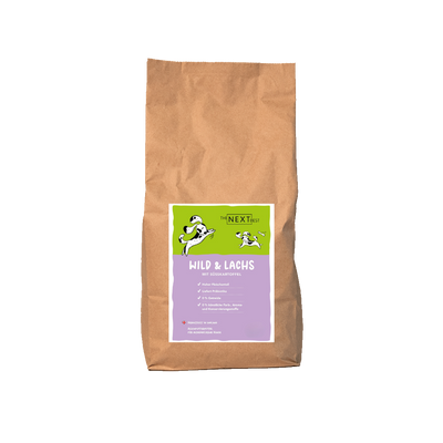 Großer brauner Futtersack von The Next Best mit der Sorte Wild & Lachs und Süßkartoffel. Hochwertiges Hundefutter mit hohem Fleischanteil, ohne Getreide, künstliche Farb-, Aroma- und Konservierungsstoffe.