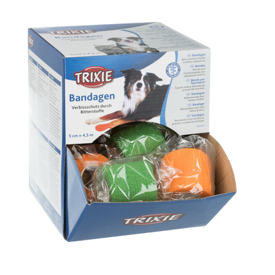 Verpackung der Marke Trixie mit zwei grünen und einer orangefarbenen Bandage, 5 cm breit und 4,5 m lang, zum Verbissschutz durch Bitterstoffe.