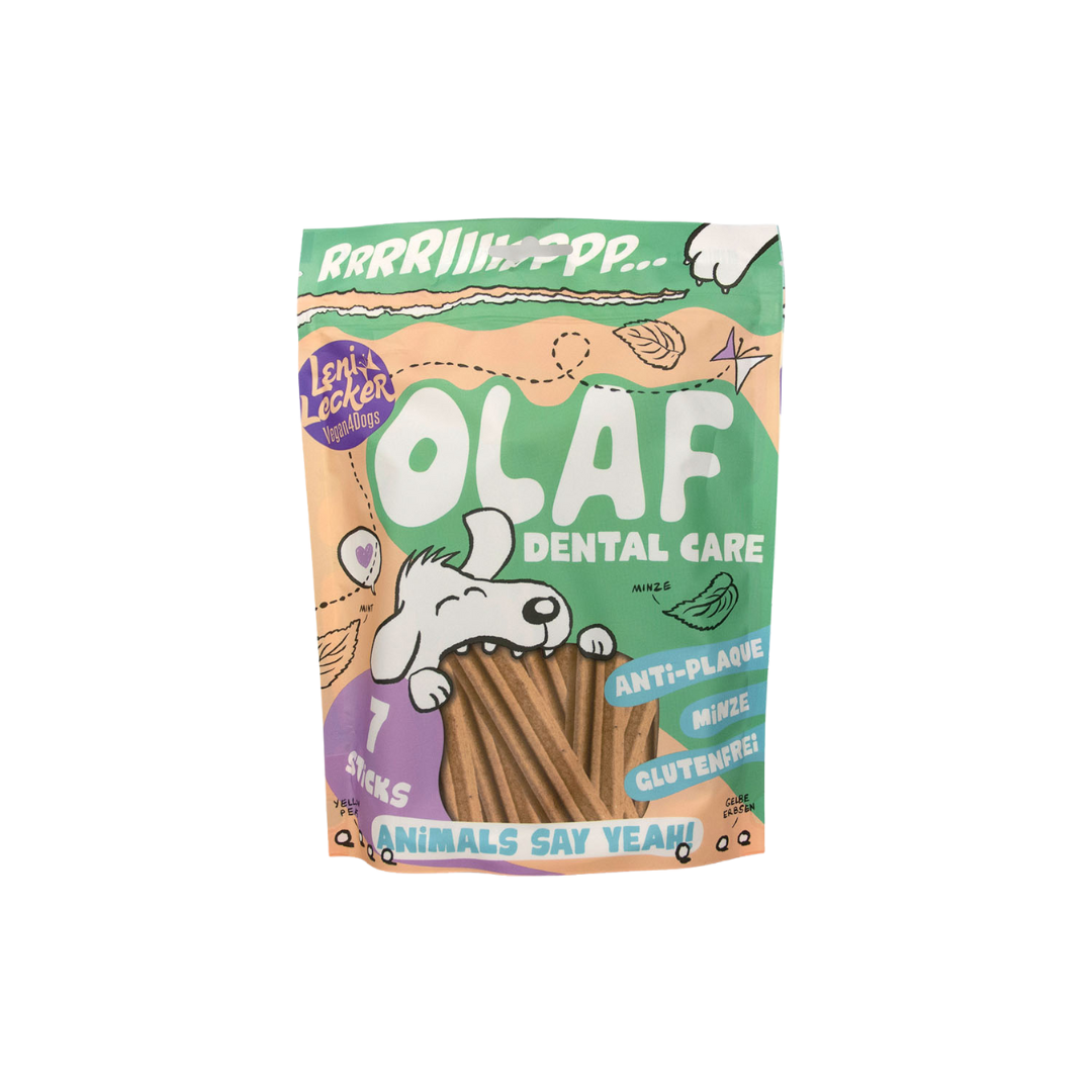 Verpackung von 'OLAF DENTAL CARE' mit Minze, 250g. Enthält 7 Sticks, zeigt einen cartoonhaften Hund und den Text 'ANTI-PLAQUE', 'GLUTENFREI'.