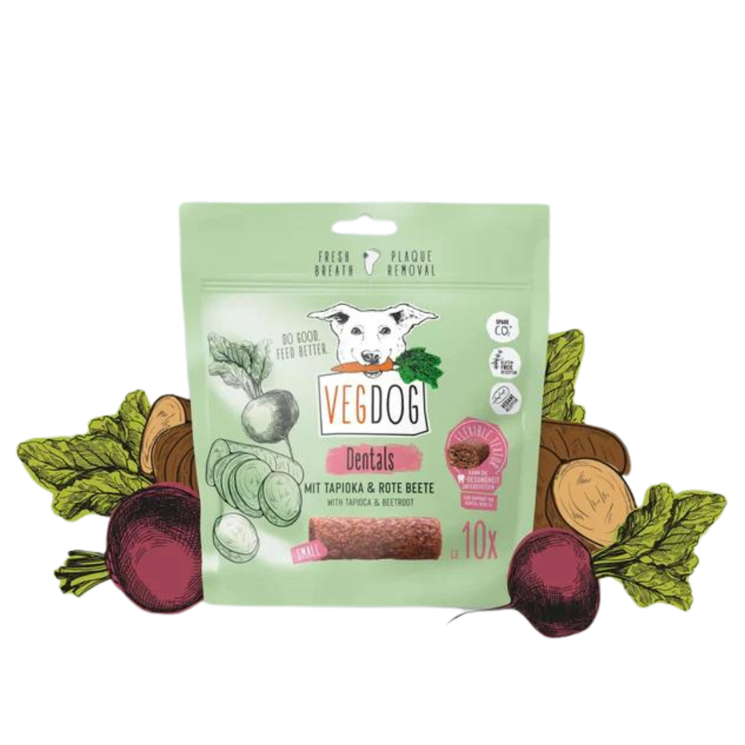 Verpackung von Vegdog Dentals, vegetarische Hundekauartikel mit Tapioka und Roter Beete, grün mit Hundekopf-Logo und Gemüsesymbolen, 120 g, 10 Stück.