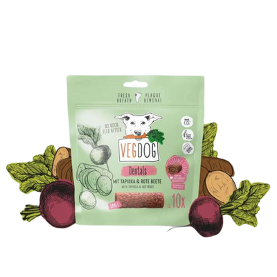 Verpackung von Vegdog Dentals, vegetarische Hundekauartikel mit Tapioka und Roter Beete, grün mit Hundekopf-Logo und Gemüsesymbolen, 120 g, 10 Stück.