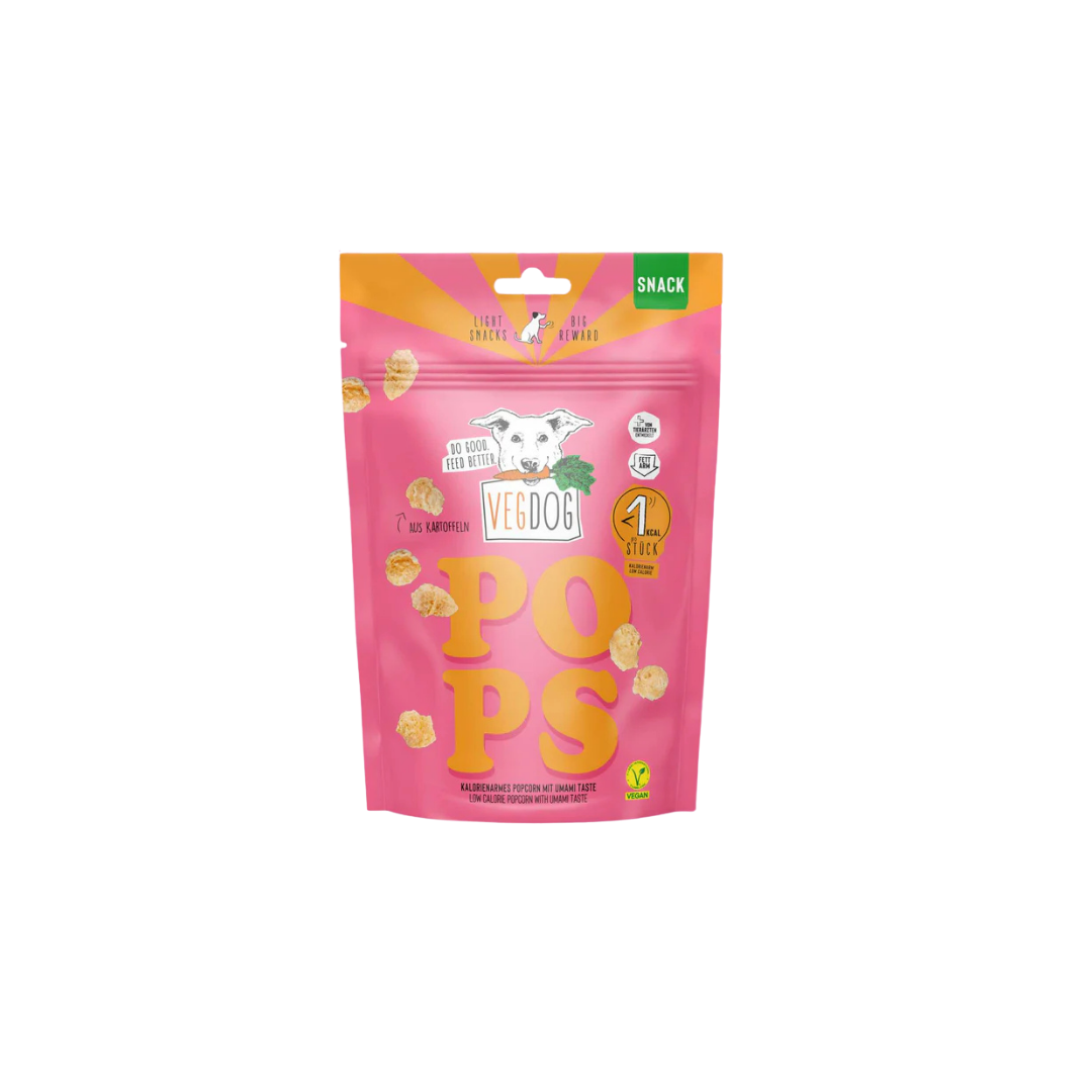 Rosa Verpackung mit der Aufschrift 'VEGDOG POPS' und einer Zeichnung eines Hundekopfs