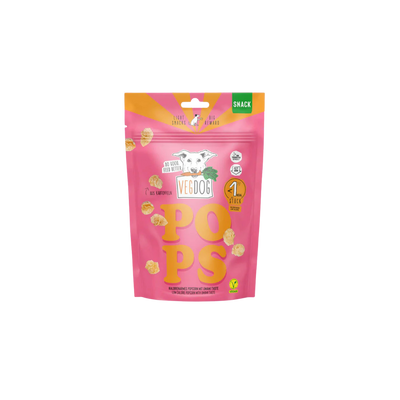 Rosa Verpackung mit der Aufschrift 'VEGDOG POPS' und einer Zeichnung eines Hundekopfs