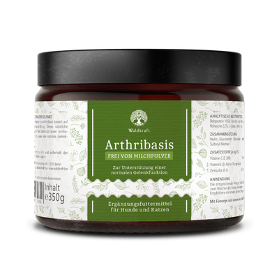 Braunes Glasgefäß mit schwarzem Deckel, grünem Etikett und weißer Schrift, zeigt Produktname 'Arthribasis' von Waldkraft, Ergänzungsfuttermittel für Hunde und Katzen, 350 g.