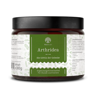 Braunes Glasgefäß mit schwarzem Deckel, grünem Etikett und weißer Schrift, zeigt Produktname 'Arthridea' von Waldkraft, Ergänzungsfuttermittel für Hunde und Katzen, 300 g.
