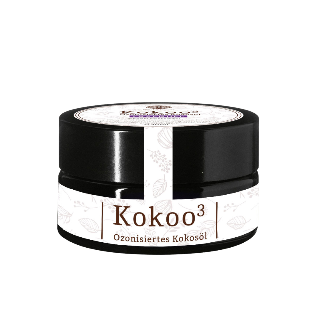 Schwarzes Kunststoffglas mit Weißem Etikett, Aufschrift 'Kokoo3 Ozonisiertes Kokosöl'.