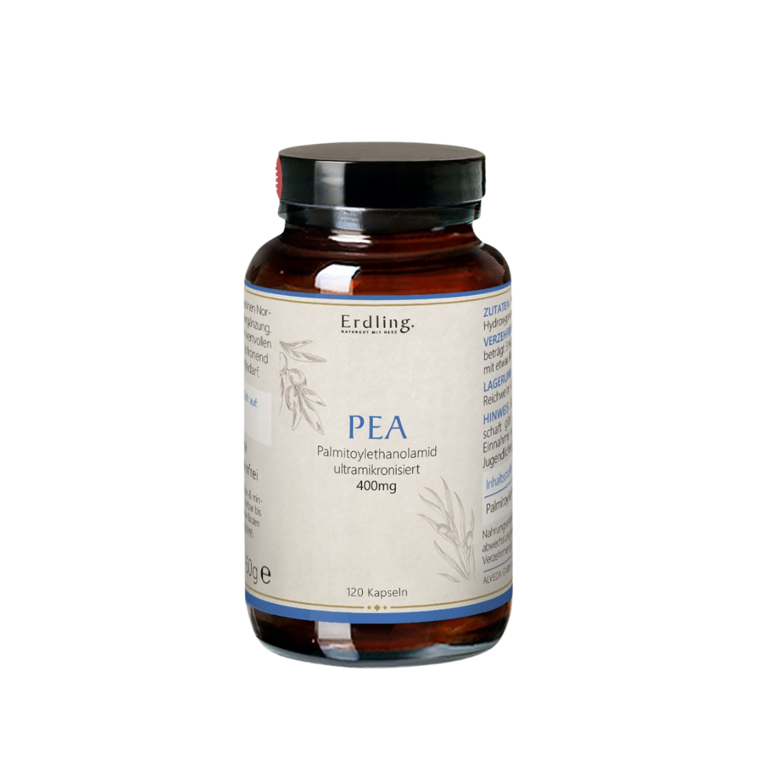 Braune Glasflasche mit schwarzem Deckel, beschriftet mit 'PEA Palmitoylethanolamid ultramikronisiert 400mg', enthält 120 Kapseln.