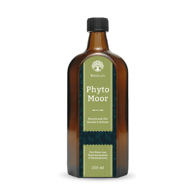 Braunes Glasgefäß mit schwarzem Deckel, grünem Etikett und weißer Schrift, zeigt Produktname 'PhytoMoor' von Waldkraft, Ergänzungsfuttermittel für Hunde und Katzen, 250ml.