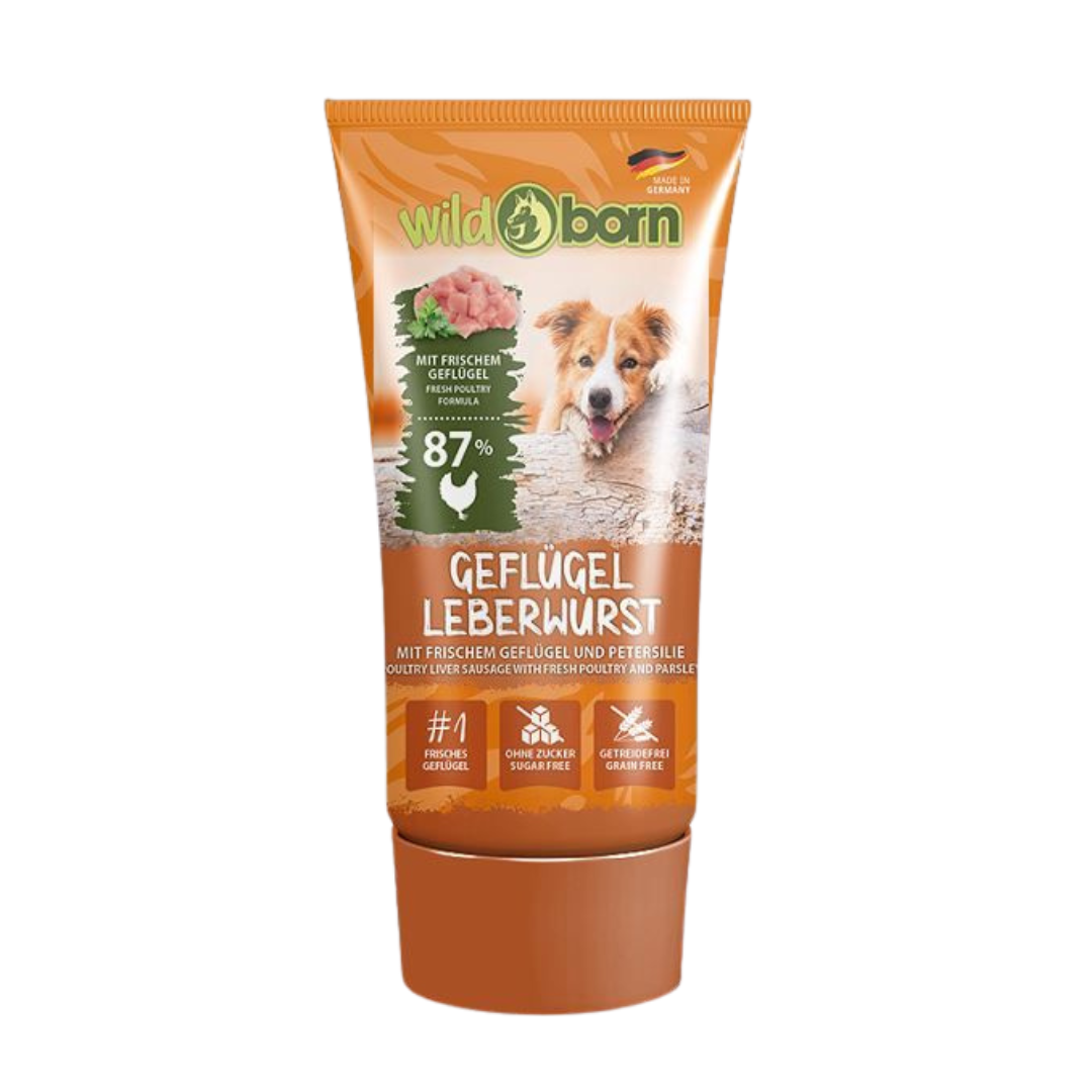 Braune Tube Wildborn Geflügel Leberwurst mit Bild eines Hundes, Text zu 87% frischem Geflügel, ohne Zucker und getreidefrei.