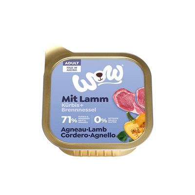 Goldfarbene Verpackung mit Aufschrift 'WOW Dog Lamm Adult', Bild von Lammfilets und Kräutern, 71 % Fleisch und Innereien, ohne Getreide, hergestellt in Österreich.