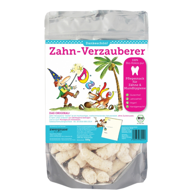 Verpackung von Zwergnase Zahn-Verzauberer Kokos Pur, 500 g, mit Illustration eines Zauberers und Hundes, Text zu Zahnpflege und Bio-Kokos.