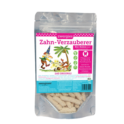 Verpackung von Zwergnase Zahn-Verzauberer Kokos Pur, 90 g, mit Illustration eines Zauberers und Hundes, Text zu Zahnpflege und Bio-Kokos.