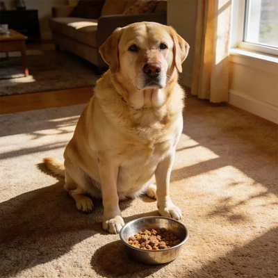 übergewichtiger labrador vor einer halbvollen futterschüssel