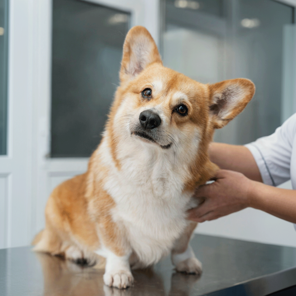 cute corgi looking into the camera with tilted head