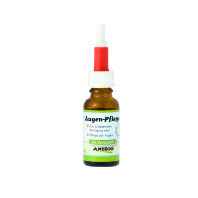 Braune Glasflasche Anibio Augen-Pflege 20 ml mit roter Pipette, weißem Deckel und grün-weißem Etikett zur schonenden Reinigung und Pflege der Augen mit Hamamelis.