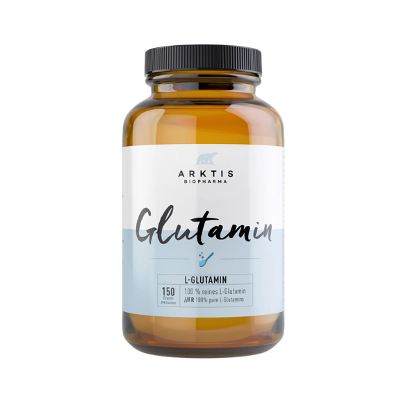 Braune Glasflasche mit schwarzem Deckel, beschriftet mit 'ARKTIS Biopharma Glutamin', 150g, enthält 100% reines L-Glutamin.