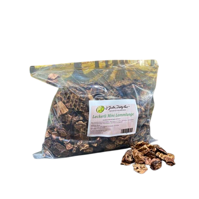 Beutel Dr. Ziegler Leckerli-Mini Lammlunge für Hunde, getrocknete Stücke.