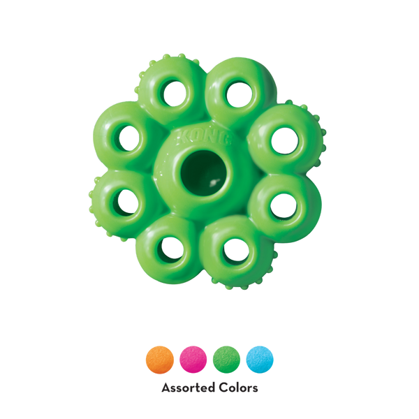 Grünes KONG Quest Star Pod Spielzeug mit acht Öffnungen und einer zentralen Öffnung. Sichtbare Farben: Orange, Pink, Grün und Blau.