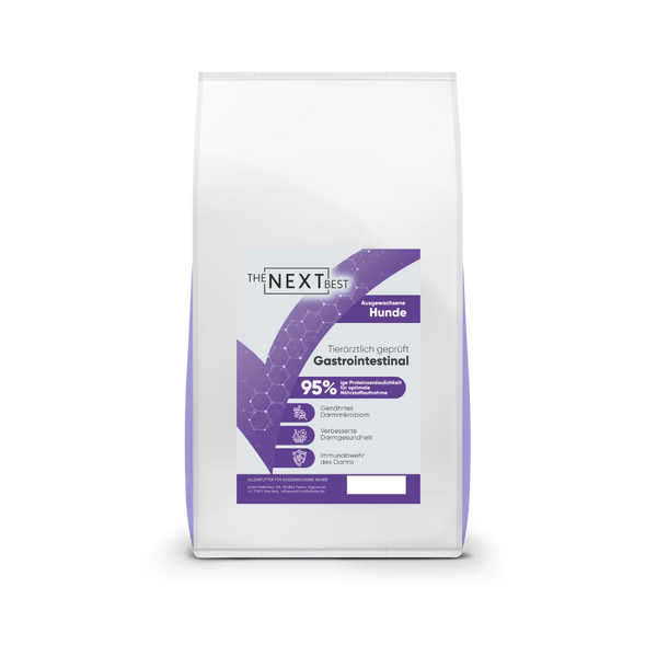 Weißer Futtersack von The Next Best mit der Sorte Gastrointestinal. Hochwertiges Hundefutter mit hohem Fleischanteil, ohne Getreide, künstliche Farb-, Aroma- und Konservierungsstoffe.