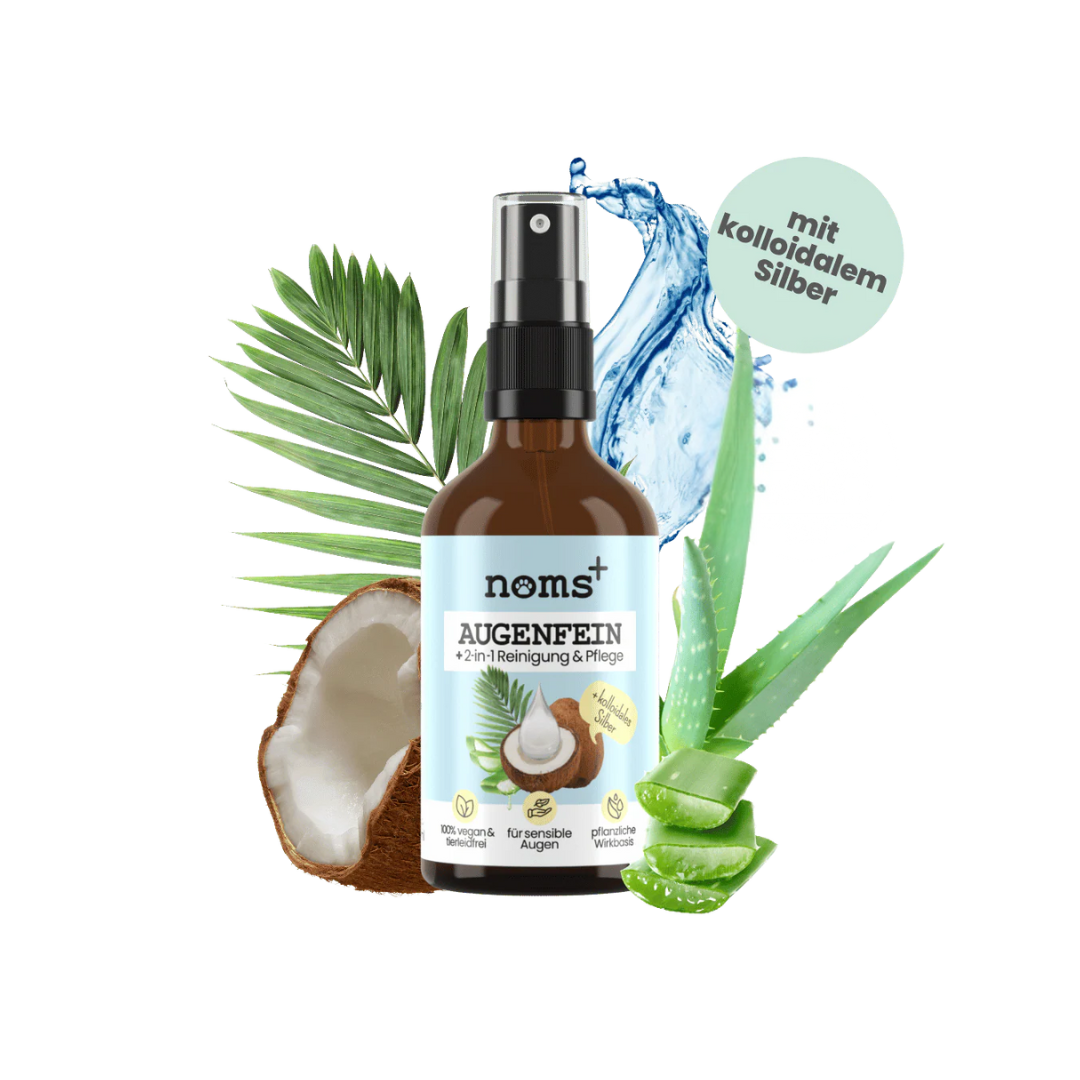 Braune Sprühflasche mit Aufschrift 'noms+ AUGENFEIN 2-in-1 Reinigung & Pflege', umgeben von Kokosnusshälfte, Aloe-vera-Blatt und Wasser-Spritzern.