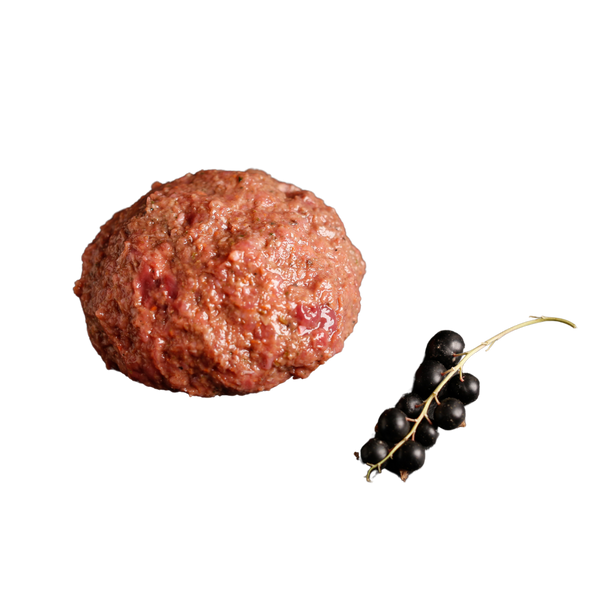 Eine "rohe Fleischkugel" und ein kleiner Zweig mit schwarzen Johannisbeeren auf transparentem Hintergrund.