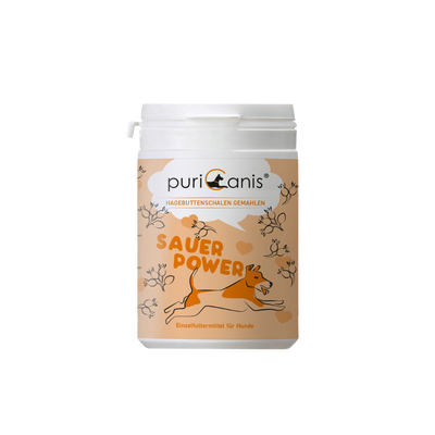 Weißer Behälter mit orangefarbenem Etikett, darauf ein laufender Hund und die Schrift 'SAUER POWER'.