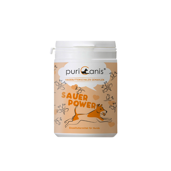 Weißer Behälter mit orangefarbenem Etikett, darauf ein laufender Hund und die Schrift 'SAUER POWER'.