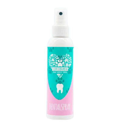 Weißer Sprayflasche mit blau-pinkem Etikett, darauf ein Herz aus Tier- und Zahnsymbolen, Text 'Tierliebhaber' und 'Dentalspray'.