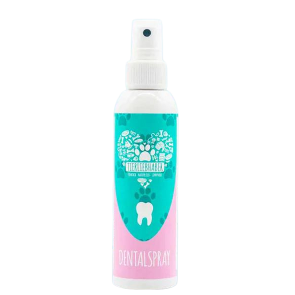 Weißer Sprayflasche mit blau-pinkem Etikett, darauf ein Herz aus Tier- und Zahnsymbolen, Text 'Tierliebhaber' und 'Dentalspray'.