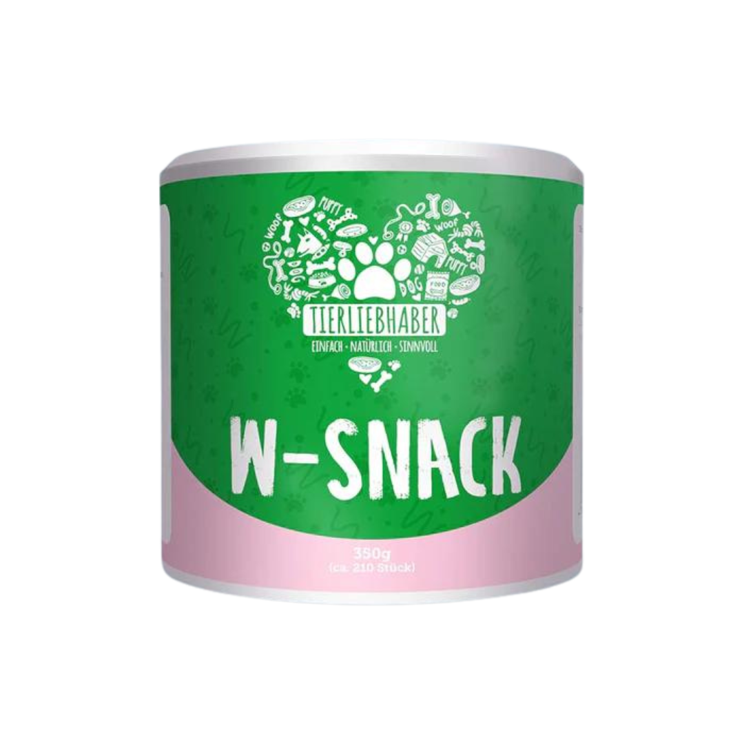 Runde Dose mit grünem Etikett, weißem Deckel, Aufschrift 'Tierliebhaber', Pfotenabdruck und Zeichnungen von Hundespielzeug und Knochen, darunter 'W-Snack'