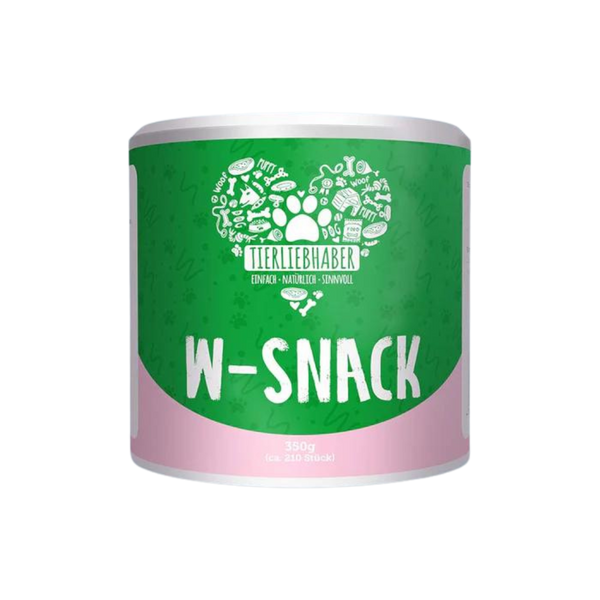 Runde Dose mit grünem Etikett, weißem Deckel, Aufschrift 'Tierliebhaber', Pfotenabdruck und Zeichnungen von Hundespielzeug und Knochen, darunter 'W-Snack'