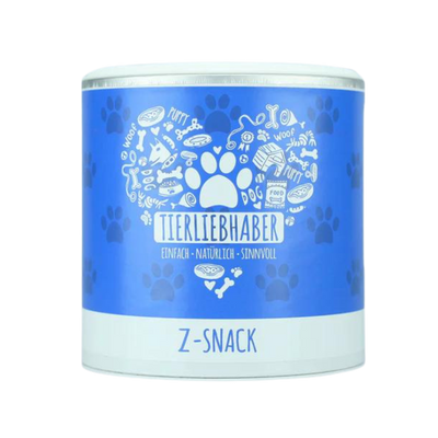 Runde Dose mit blauem Etikett, weißem Deckel, Aufschrift 'Tierliebhaber', Pfotenabdruck und Zeichnungen von Hundespielzeug und Knochen, darunter 'Z-Snack'