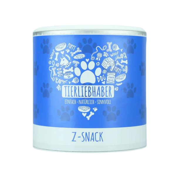 Runde Dose mit blauem Etikett, weißem Deckel, Aufschrift 'Tierliebhaber', Pfotenabdruck und Zeichnungen von Hundespielzeug und Knochen, darunter 'Z-Snack'