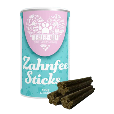 Dose mit der Aufschrift 'Tierliebhaber Zahnfee Sticks', 350 g, 13 Stück, daneben drei dunkelbraune, sternförmige Zahnpflegesticks für Hunde