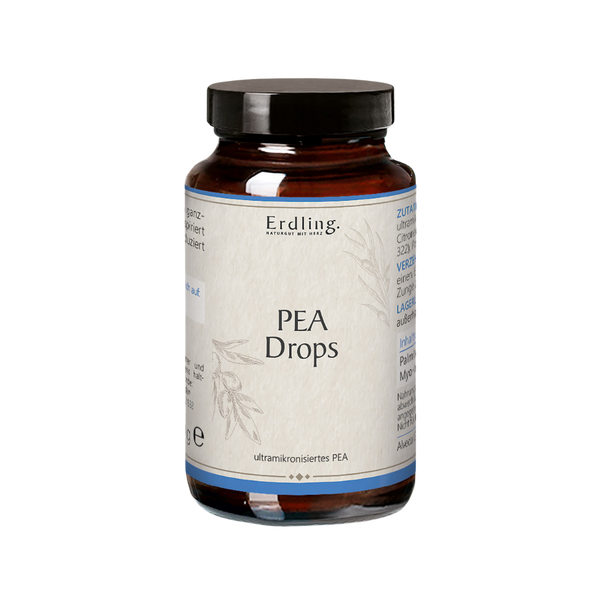 Braunglasflasche mit schwarzem Schraubverschluss und weißem Etikett mit der Aufschrift 'Erdling PEA Drops ultramikronisiertes PEA'