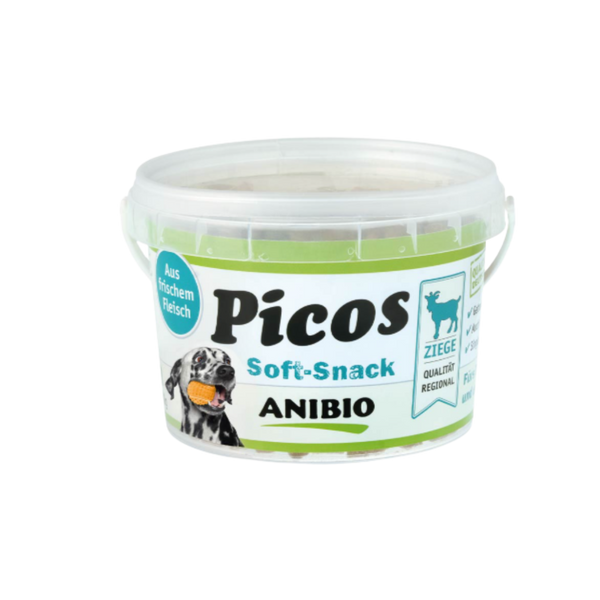 Dose mit Deckel, beschriftet mit 'Picos Soft-Snack', Marke 'ANIBIO', enthält Ziegenfleisch, abgebildet mit einem Hund und einem Ziegensymbol.