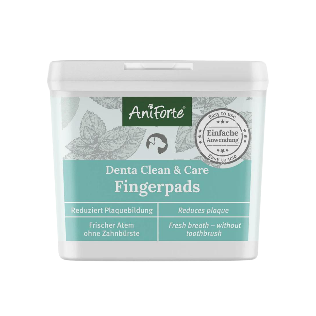 Behälter mit Fingerpads von Aniforte für die Zahnpflege. Auf dem Deckel steht 'Denta Clean & Care Fingerpads' und 'Frischer Atem ohne Zahnbürste'.