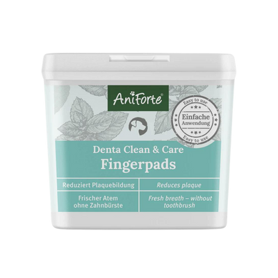 Behälter mit Fingerpads von Aniforte für die Zahnpflege. Auf dem Deckel steht 'Denta Clean & Care Fingerpads' und 'Frischer Atem ohne Zahnbürste'.
