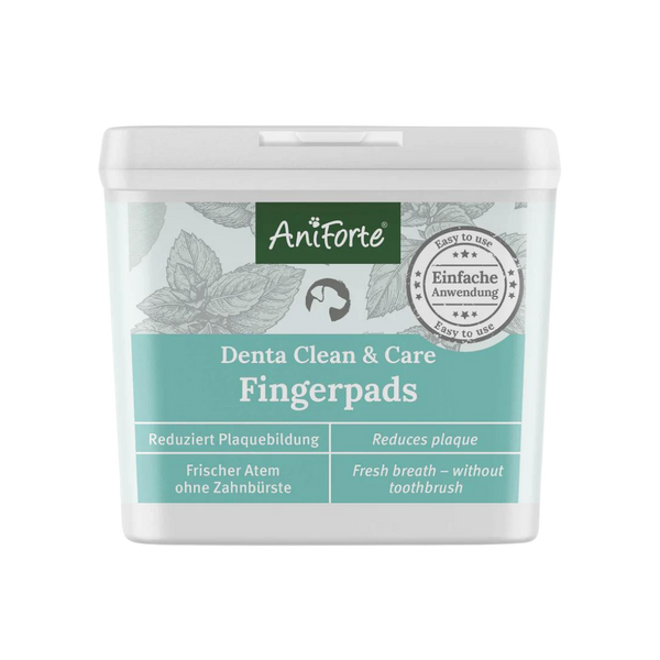 Behälter mit Fingerpads von Aniforte für die Zahnpflege. Auf dem Deckel steht 'Denta Clean & Care Fingerpads' und 'Frischer Atem ohne Zahnbürste'.