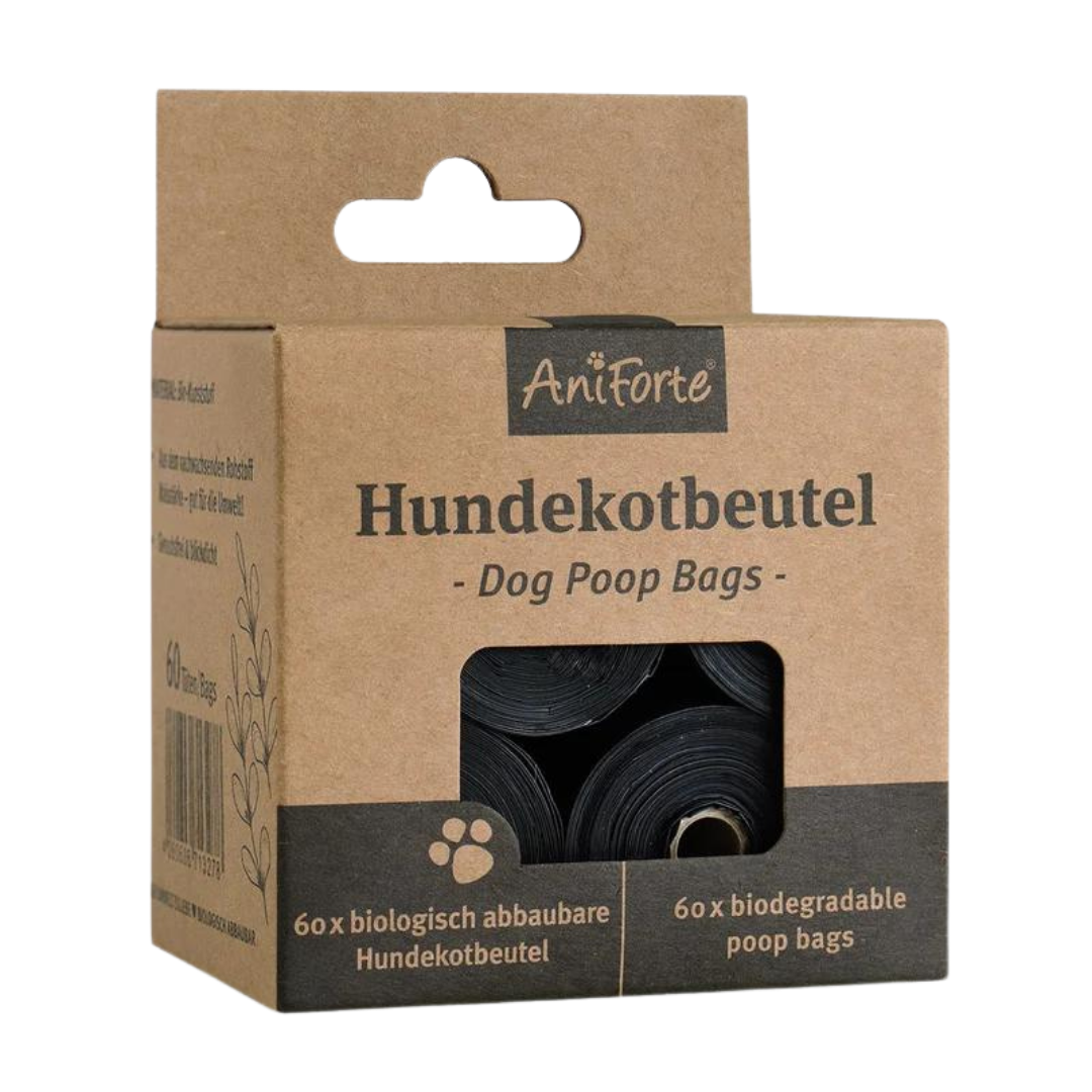 Braune Verpackung mit Sichtfenster, darauf steht 'AniForte Hundekotbeutel - Dog Poop Bags' und '60 x biologisch abbaubare Hundekotbeutel'