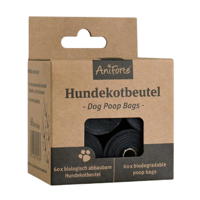 Braune Verpackung mit Sichtfenster, darauf steht 'AniForte Hundekotbeutel - Dog Poop Bags' und '60 x biologisch abbaubare Hundekotbeutel'